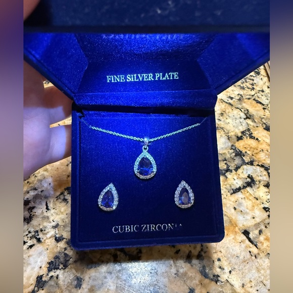 Danecraft Blue Cubic Zirconia Teardrop Necklace & Stud Earring Set - Picture 3 of 7